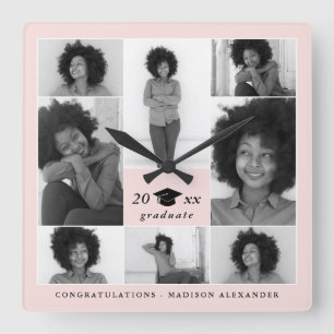 Trendy Blush Graduation Cap Photo Collage Quadratische Wanduhr
