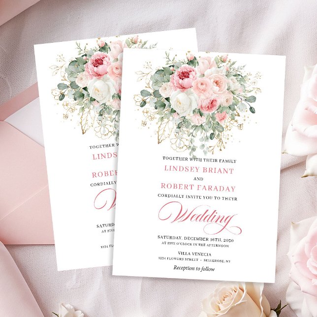 Trendy Blush Peony Gold Floral Wedding Invitation Einladung (Trendy Blush Peony Gold Floral Wedding Invitation)