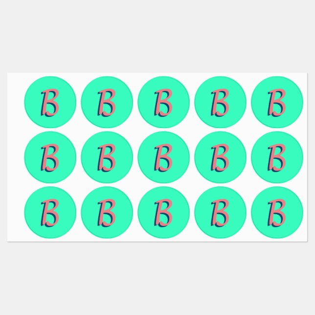Trendy Blush Pink 3D Text Initial | Neon Aquamarin Etiketten (Blatt)