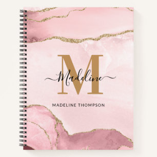 Trendy Blush Pink Gold Agate Marble Monogram Notizbuch