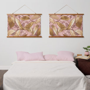 Trendy Blush Pink Gold Boho Blätter Collection Wandteppich Mit Holzrahmen