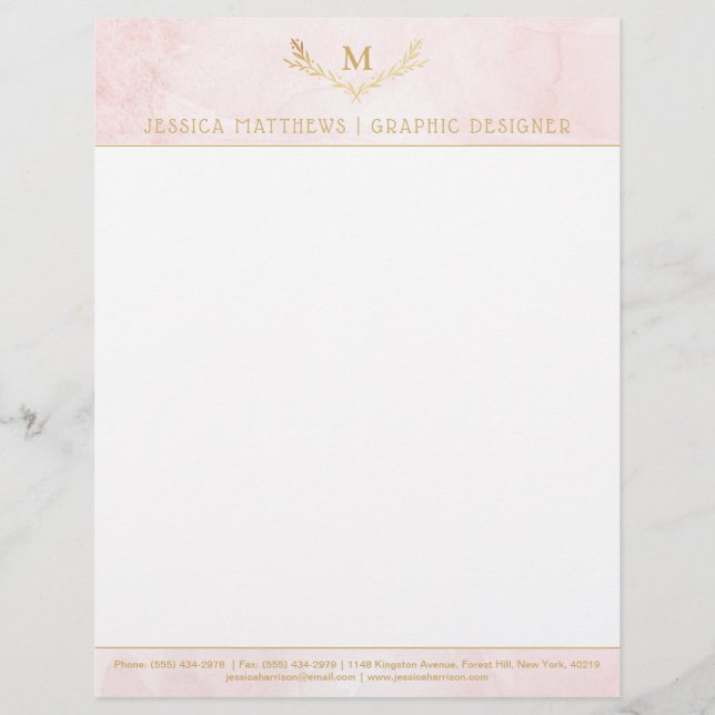 Trendy Blush Pink & Gold Foil Monogram Kraut Briefbogen (Vorderseite)