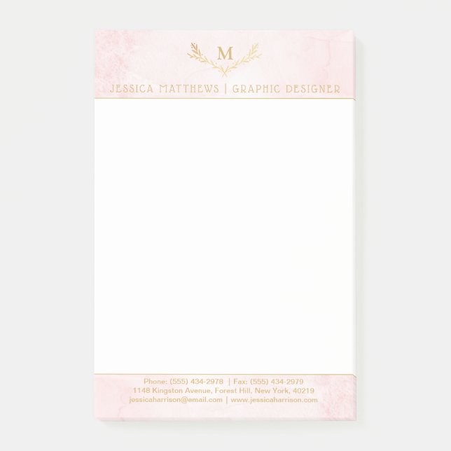 Trendy Blush Pink & Gold Foil Monogram Kraut Post-it Klebezettel (Vorderseite)