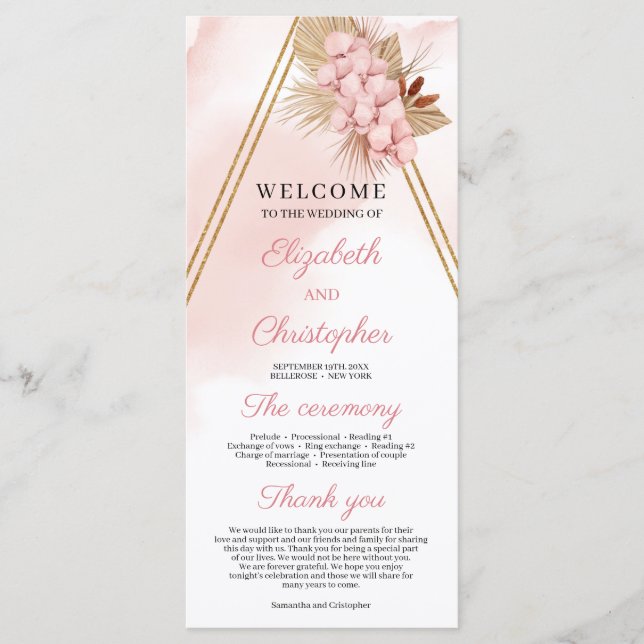 Trendy Blush Pink Orchid Driving Palm Gold Arch Programm (Vorderseite)