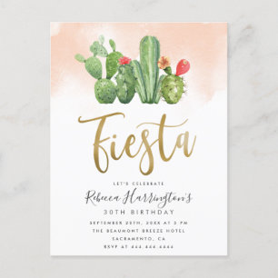 Trendy Blush Watercolor & Cactus Fiesta Geburtstag Einladungspostkarte