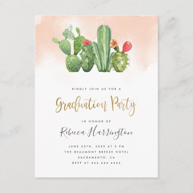 Trendy Blush Watercolor & Cactus Graduation Party Einladungspostkarte (Vorderseite)