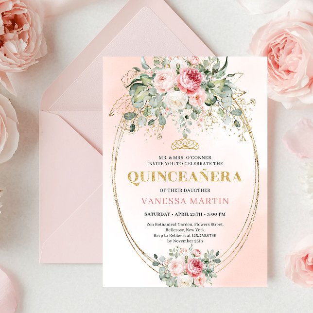 Trendy Bohemian Blush Floral Quinceañera Invitatio Einladung (Trendy Bohemian Blush Floral Quinceañera Invitation)