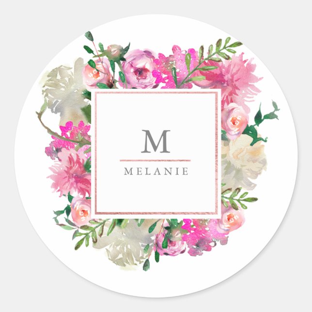 Trendy Bohemisch Floral Monogram Aufkleber (Vorderseite)