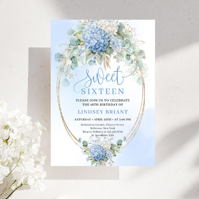 Trendy Boho Blue Hydrangea Sweet Sixteen Party   Einladung (Trendy Boho Blue Hydrangea Sweet Sixteen Party Invite)