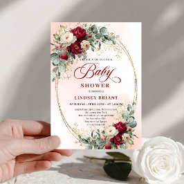 Trendy Boho Burgundy Peony Baby Shower Invitation Einladung