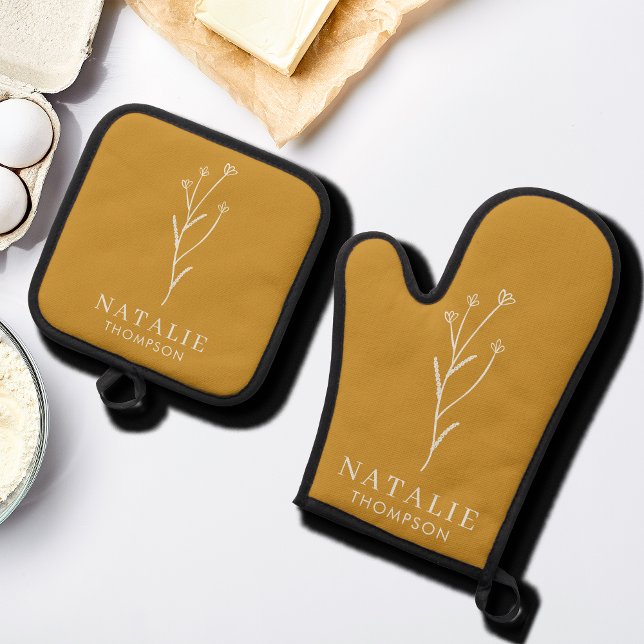 Trendy Boho Chic Minimalistisch Custom Mustard Yel Ofenhandschuh & Topflappen-Set (Von Creator hochgeladen)