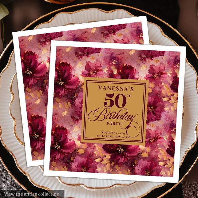 Trendy Boho Dark Red Blush Gold 50. Geburtstag Serviette (Trendy Boho Dark Red Blush Gold 50th Birthday Paper Dinner Napkins )