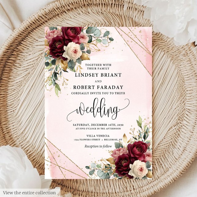 Trendy Boho Dark Red Gold Blush Blume Hochzeit Einladung (Trendy Boho Dark Red Gold Blush Flowers Wedding Invitation)