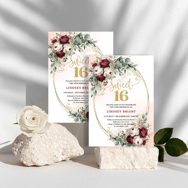 Trendy Boho Deep Red Floral Gold Sweet 16 Birthday Einladung (Trendy Deep Red Floral Gold Sweet 16 Birthday Invite)