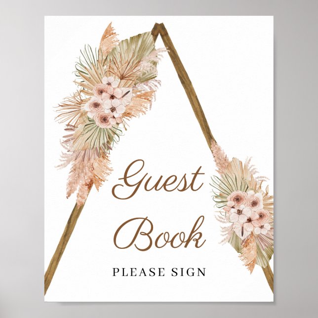 Trendy Boho Dried Palm Pampas Grass Guest Book Poster (Vorne)