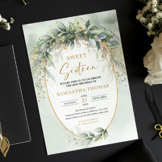 Trendy boho eucalyptus grün gold 16 . Geburtstag Einladung