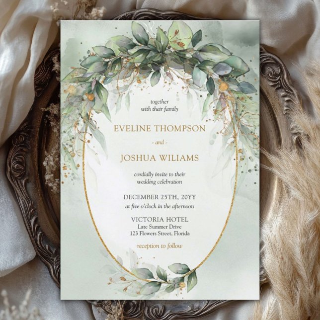 Trendy boho eucalyptus grün goldene Hochzeit Einladung (Modern watercolor eucalyptus wreath gold frame wedding invitation digital)
