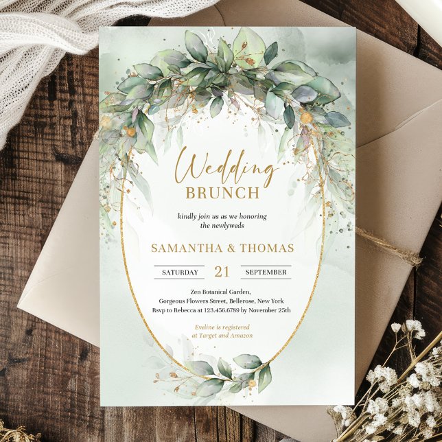 Trendy boho eukalyptus grün Gold Hochzeitsbrunch Einladung (Boho eucalyptus greenery foliage gold oval arch wedding invitation digital)