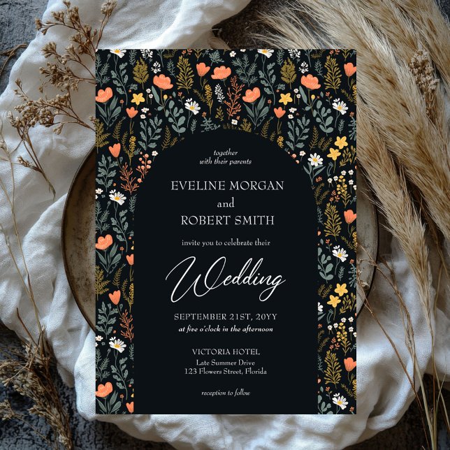 Trendy Boho Frühlingsmarsch der Blume Einladung (groovy retro flat cotagecore wild flowers wedding invitation)