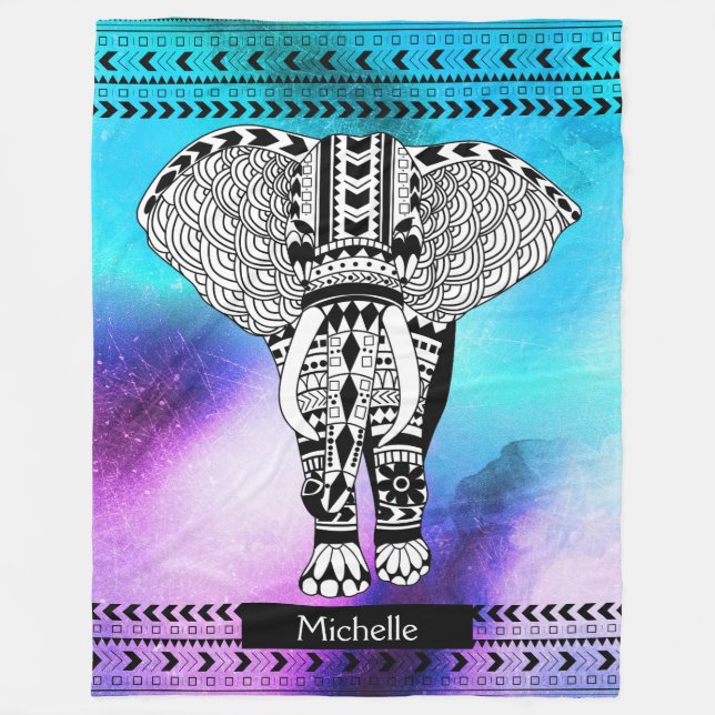 Trendy Boho Lila Space Nebel Tribal Elefant Fleecedecke (Vorderseite)