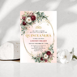Trendy Boho Maroon Floral Eucalyptus Quince Invite Einladung
