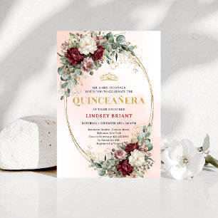 Trendy Boho Marsala Blumen Eukalyptus Quinceañera Einladung