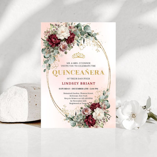 Trendy Boho Marsala Flowers Eucalyptus Quinceañera Einladung (Trendy Marsala Flowers Eucalyptus Quinceañera Invite)