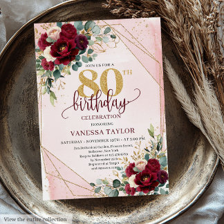 Trendy Boho Marsala Gold Blume 80. Geburtstag Einladung