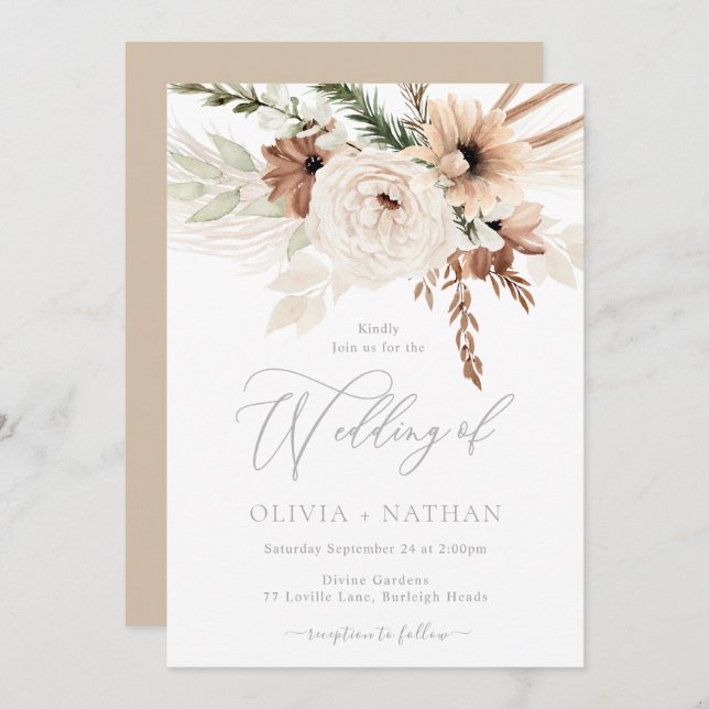 Trendy Boho Neutral Florals Wedding Einladung (Vorne/Hinten)