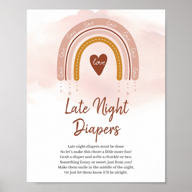 Trendy Boho Rainbow Late Night Diapers Game Sign Poster (Vorne)