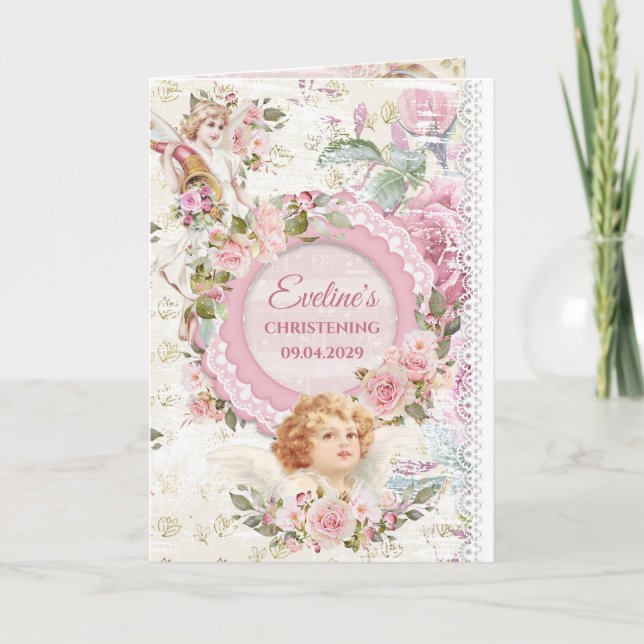 Trendy boho Shabby Chic Angels Taufe Einladung (Vorderseite)