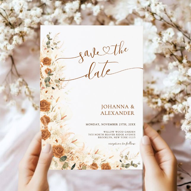 Trendy Boho Terracotta Floral QR Code Wedding Save The Date (Von Creator hochgeladen)