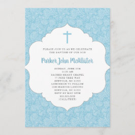 Trendy Boy Taufe Einladung, blauer Damast Einladung