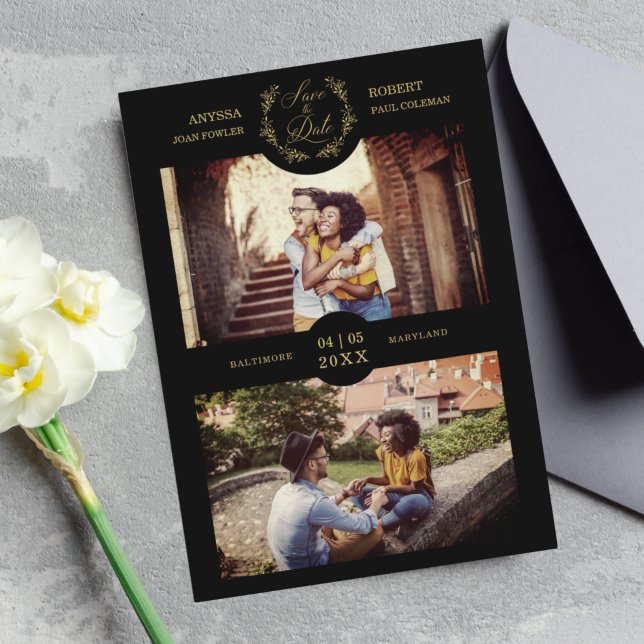 Trendy Branches Black Personalisiert 2 Foto Couple Save The Date (Von Creator hochgeladen)