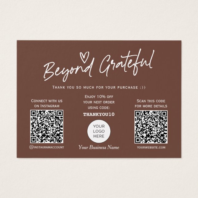 Trendy braune moderne Skript QR-Code Dank Karte (Vorderseite)