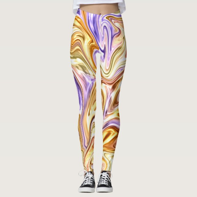 Trendy Bright Gold Lila Waves Abstraktes Muster Leggings (Vorderseite)