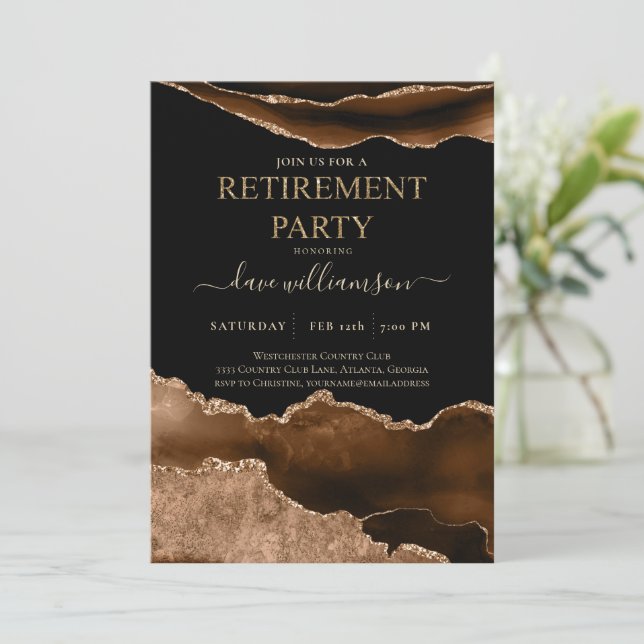 Trendy Brown Agate Gemstone Retirement Party Invi Einladung (Stehend Vorderseite)