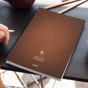 Trendy Brown Leather Modern Monogram Weekly Planer