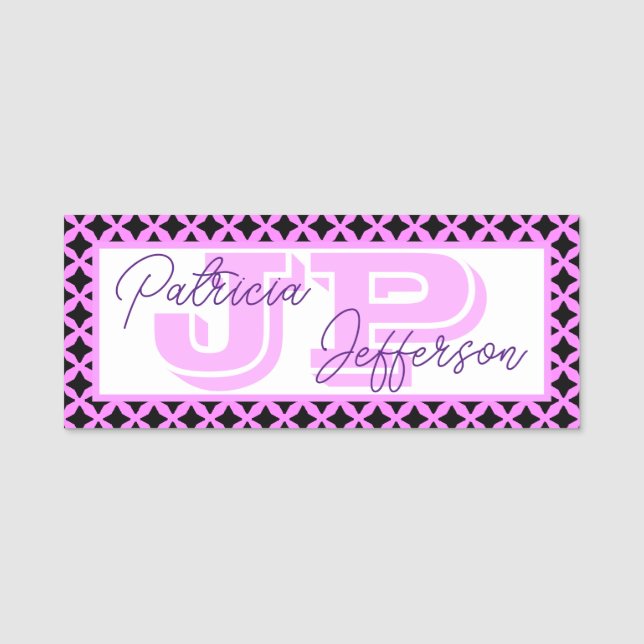 Trendy Bubblegum Pink Black Lattice Mesh: Monogram Namensschild (Vorderseite)