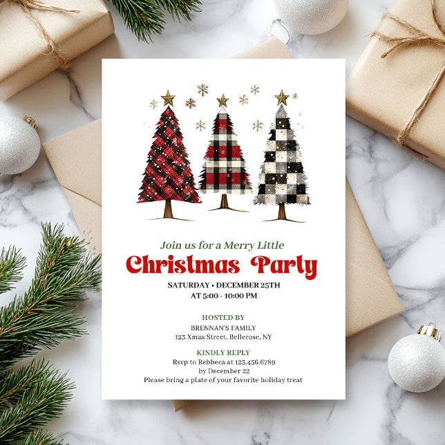Trendy buffalo plaid Christmas tree editable  Einladung (Trendy buffalo plaid Christmas tree editable invite)