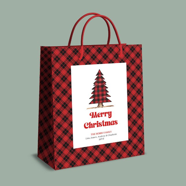 Trendy buffalo plaid Christmas tree gift bag Mittlere Geschenktüte (Trendy buffalo plaid Christmas tree gift bag custom)
