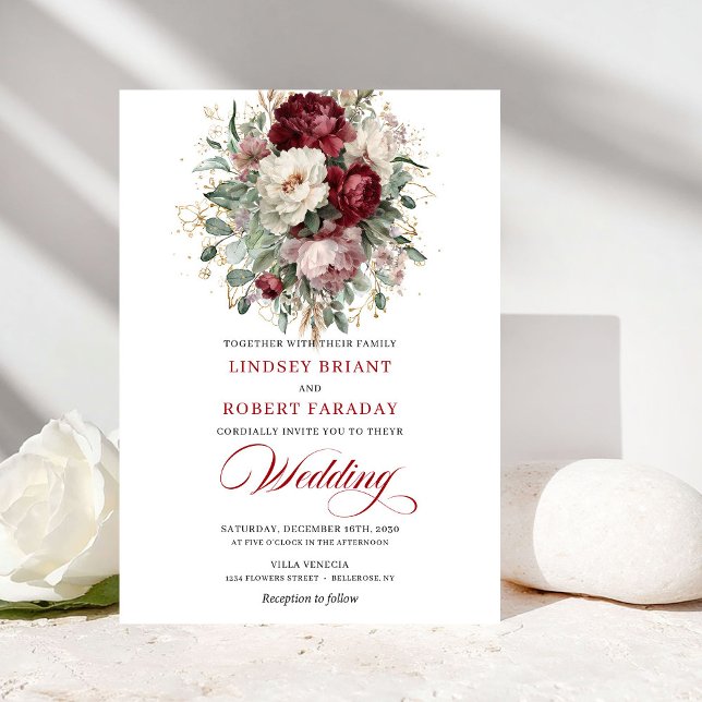 Trendy Burgundy and White Flowers Wedding Invite Einladung (Trendy Burgundy and White Flowers Wedding Invite)