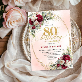 Trendy Burgundy Floral Gold 80th Birthday Invite Einladung