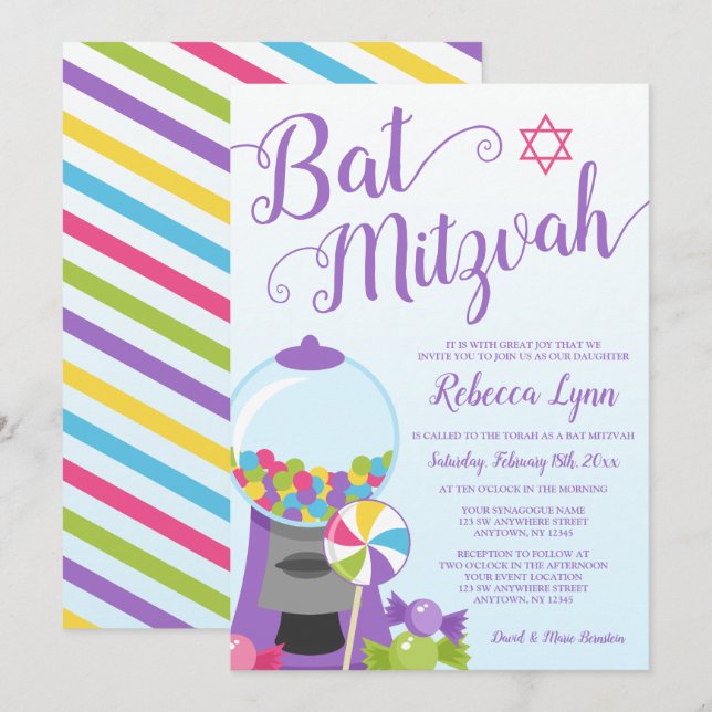Trendy Candy Bat Mitzvah Einladung (Vorne/Hinten)