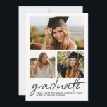 Trendy Casual Modern script Graduate Photo collage Einladung<br><div class="desc">Celebrate your graduate’s milestone with this modern three-photo graduation party invitation featuring elegant handwritten script typography. The stylish collage layout allows you to showcase multiple favorite photos while highlighting your graduate’s name, school, and class year. The front features a large photo paired with two additional portraits and a bold script...</div>