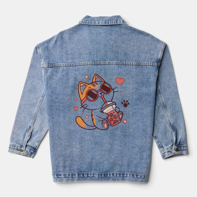 Trendy Cat Boba Tea Zip Jacket - Niedlich & gemütl Jeansjacke (Rückseite)