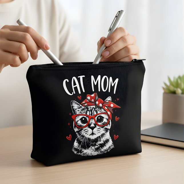 Trendy Cat Mom with Glasses & Bandana Black  Zubehörtasche (Von Creator hochgeladen)