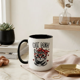 Trendy Cat Mom with Glasses & Bandana White Coffee Tasse