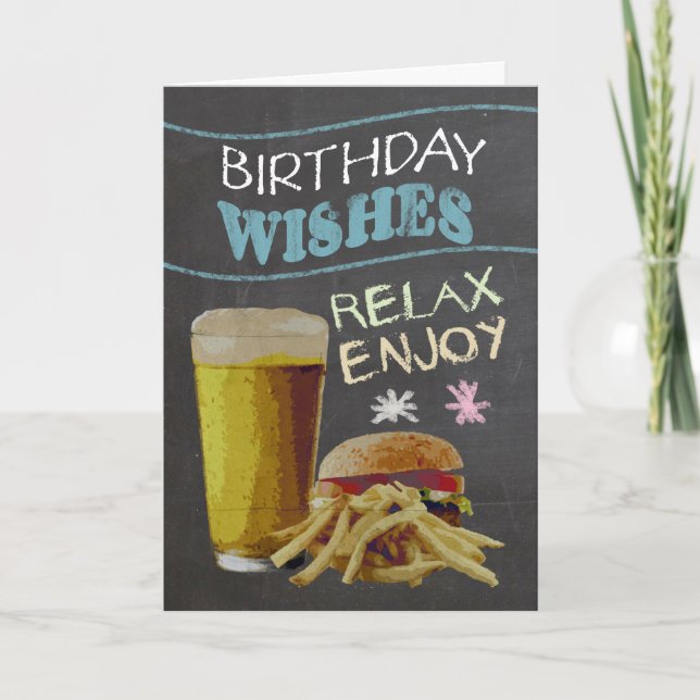 Trendy Chalk Board Effekt mit Bier, Burger Karte (Vorderseite)