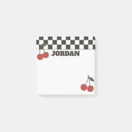 Trendy Checkerboard & Cherry Custom Name Post-it Klebezettel